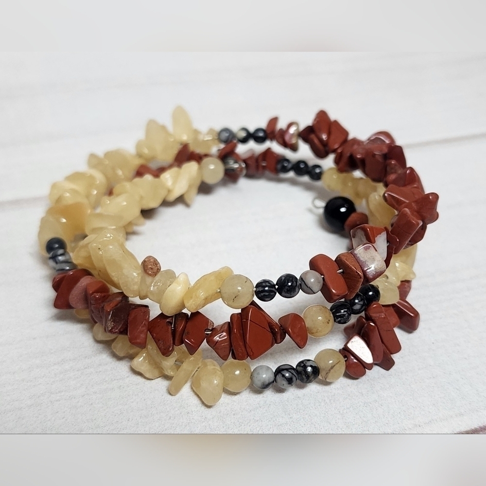 Yellow Opal Gemstone and Red Jasper Coil Wrap Beaded Bracelet Handmade New